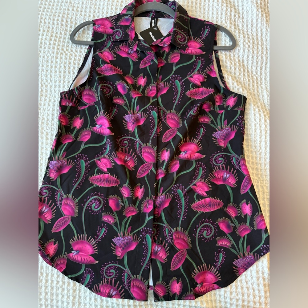BlackMilk Black Sleeveless Button-Down Top with Pink Floral Print